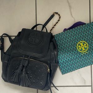 Used Tory burch black and gold leather backpack